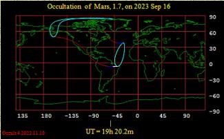 Hidden Day: Path of Lunar Occultation of Mars 9/16/2023