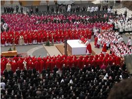 Pope (white), cardinals (red) Bishops (purple)